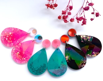 Faceted Holographic Teardrop Dangle Earrings, Handmade Resin Statement Jewellery, Glow in the Dark Option, Hypoallergenic Gift UK