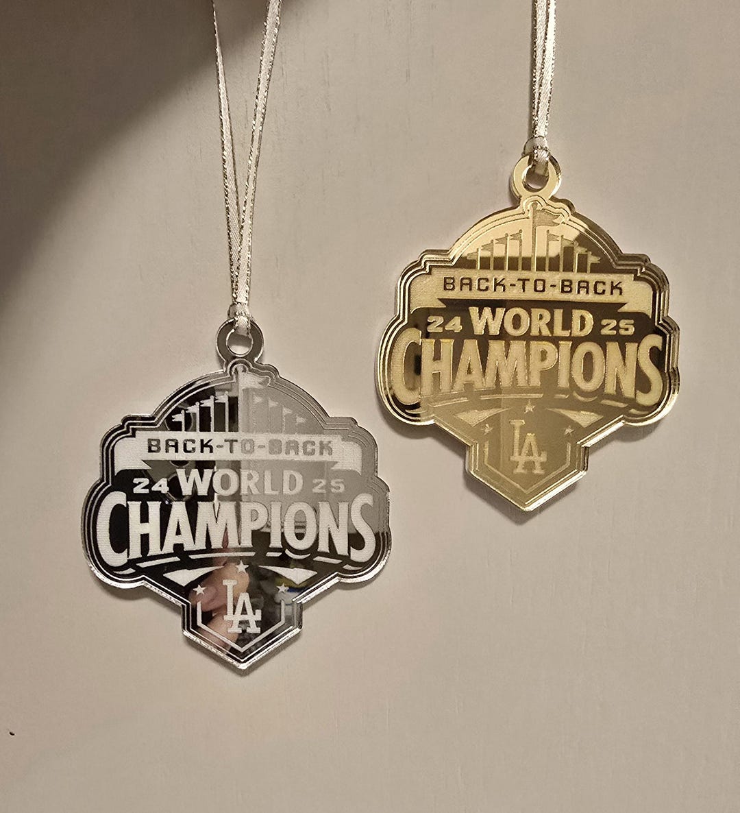 Dodgers Back-to-Back Champs Ornament: Silver or Gold Mirror