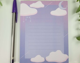 Luna Nights Cute Notepad 4" x 5.5" | Starry Lined Notepad | Gift for School | Moon Design Art Aesthetic Stationery | Pink & Purple