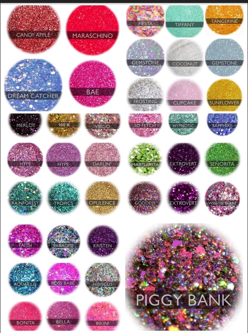 Op de afbeelding: Een verzameling van 36 kleine potjes gevuld met kleurrijke glitter. Elk potje heeft een andere kleur en naam, zoals "Candy Apple", "Maraschino", "Dream Catcher", "Bae", "Merlot", "100 K", "Virgo", "So Fetch", "Hype", "Darlin", "Margarita", "Extrovert", "Rainforest", "Tropics", "Opulence", "Goddess", "Faith", "Paradise", "Kristen", "Aquarius", "Boss Babe", "Hibiscus", "Bonita", "Bella", "Bikini", "Fiesta", "Tiffany", "Tangerine", "Gemstone", "Coconut", "Sunflower", "Hypnotic", "Sapphire", "Senorita", "Winter Berry" en "Piggy Bank".