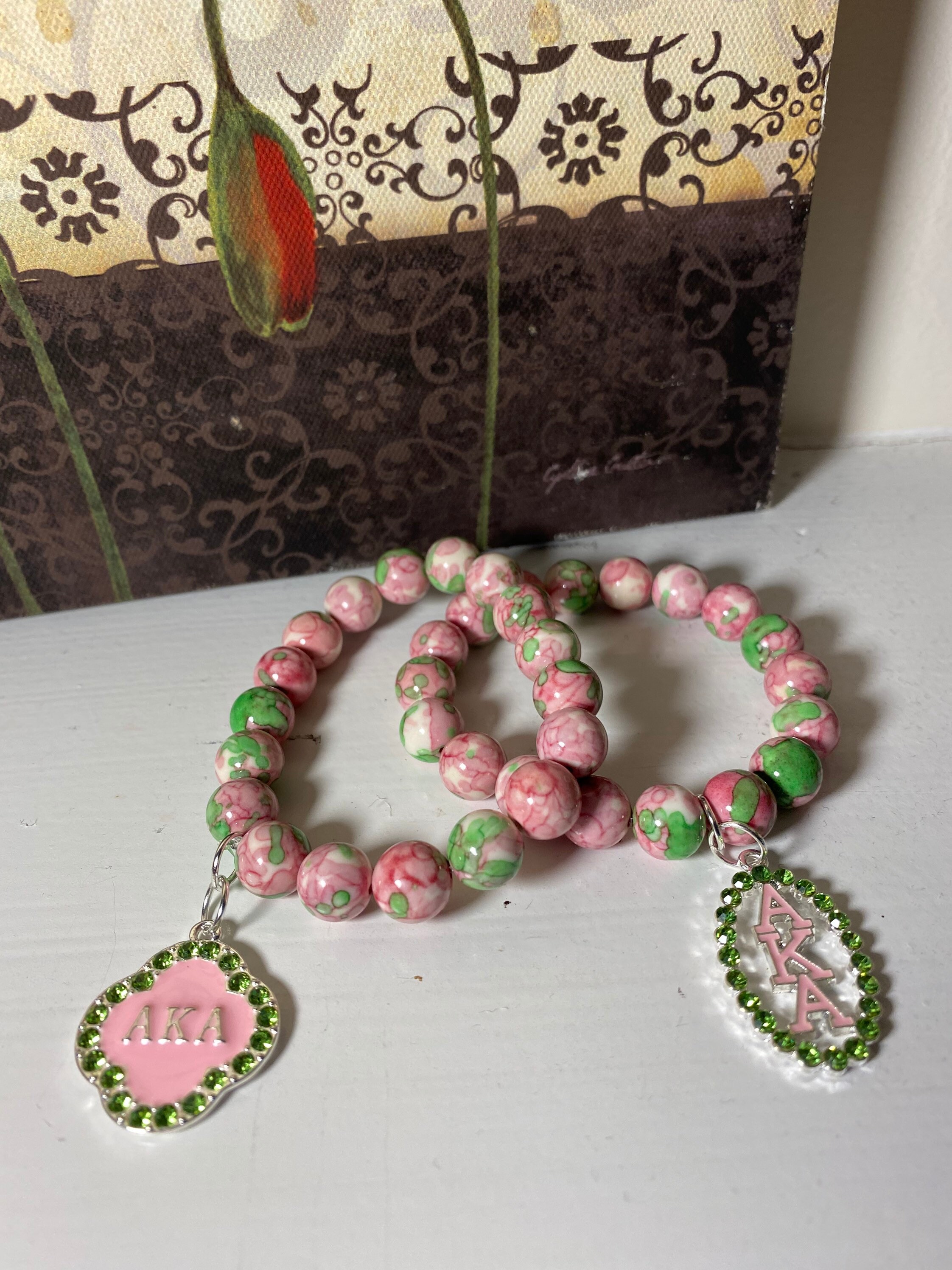 Charm Bracelet Pink and Green Stretch Bracelet AKA Charm Bracelet AKA Bracelet AKA Gift Sorority