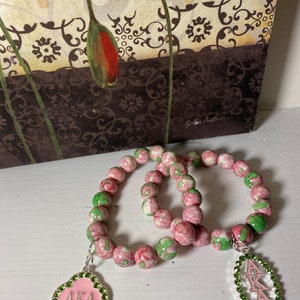 Charm Bracelet Pink and Green Stretch Bracelet AKA Charm Bracelet AKA Bracelet AKA gift Sorority charm bracelet