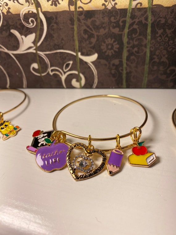 Teacher Charm Bracelet With Charms Teacher Bracelet Alex and Ani Adjustable Bracelet Teacher Bracelet Teacher Gift Gold Bracelet Etsy