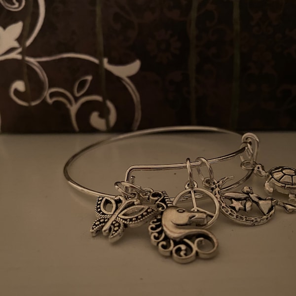 Silver Charm Bracelet with Random Charms, Charm Bracelet, Adjustable Bracelet, Silver Jewelry, Silver Charms, Alex and Ani