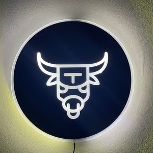 Taurus Bull, Led Wall Sign, First Name, Edge Lit Acrylic, Like-Neon, Astrology, Large Round Circle Hanging Wall Art