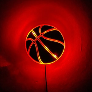 Basketball Sign, LED Wall Sign, Edge Lit Acrylic Orange Sports, Like-Neon, Hanging Wall Art, Round Bball, Handmade, Hoops Decor