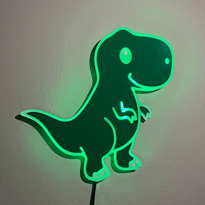 Green T-Rex Sign, Led Wall Sign, Edge Lit Acrylic Baby dinosaur, Large Like-Neon, Hanging Wall Art