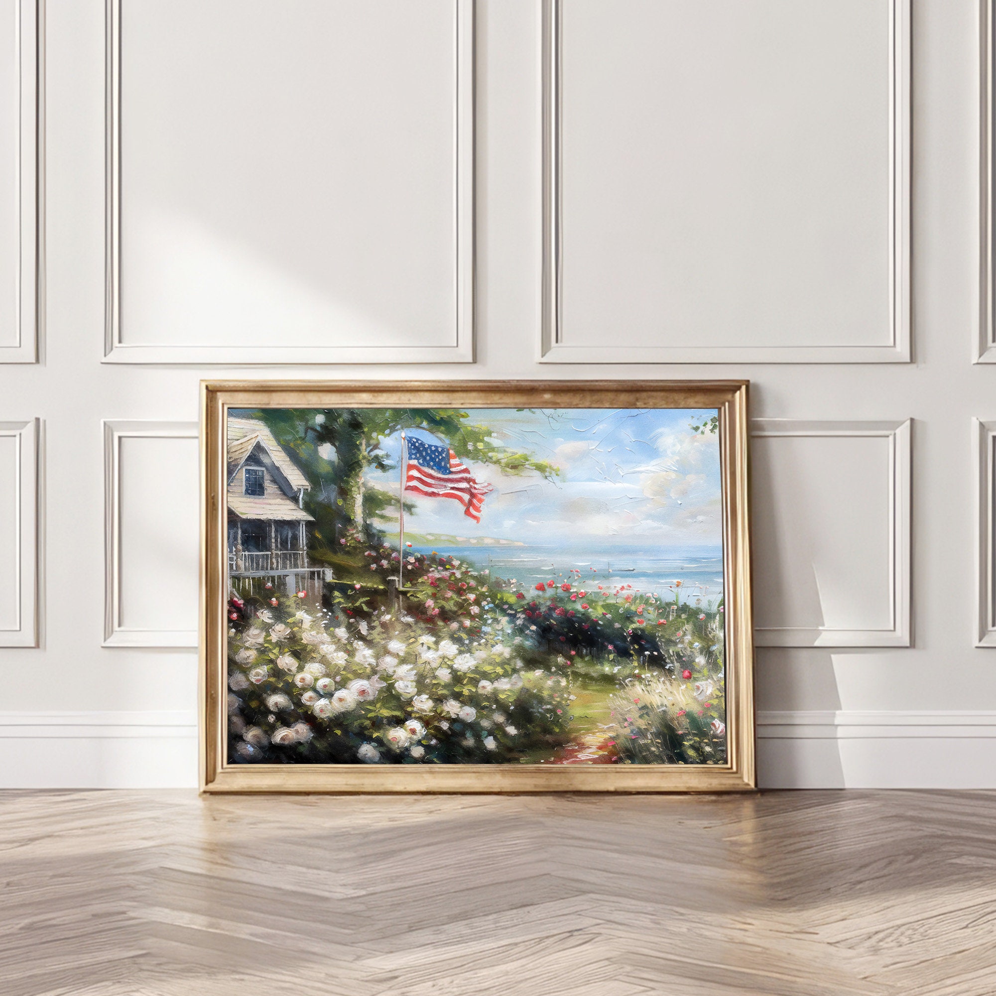 Coastal Roses Garden Art Print, American Flag Summer Wildflowers ...