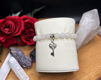 Moonstone Natural Stone Stretch Bracelet with Silver Key Charm | 8mm Gemstones for Inner Clarity & Feminine Energy