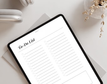 Puede incluir: Una tableta digital blanca con un borde negro que muestra una lista de tareas con casillas de verificación y líneas para escribir. La tableta está sobre una superficie blanca con un sobre blanco y un pequeño jarrón con ramas secas.