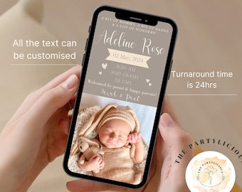 Digital Birth announcement electronic WhatsApp template with photo, Simple paperless personalised newborn announcement for phone text email