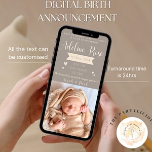 Plantilla de WhatsApp electrónica de anuncio de nacimiento digital con foto, anuncio de recién nacido personalizado sin papel simple para correo electrónico de texto telefónico