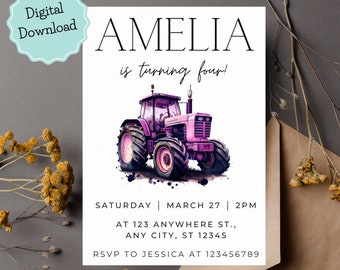Girl Purple tractor farm birthday party invitation, Pink farm animals girl barnyard tractor birthday party invite