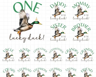 One lucky duck birthday shirt PNG bundle, Duck hunting theme first birthday family matching shirt PNG iron on transfer, Instant Download