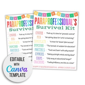 Paraprofessional&#39;s survival kit gift tags, Canva editable template School Paraprofessional appreciation cards, Instant Download