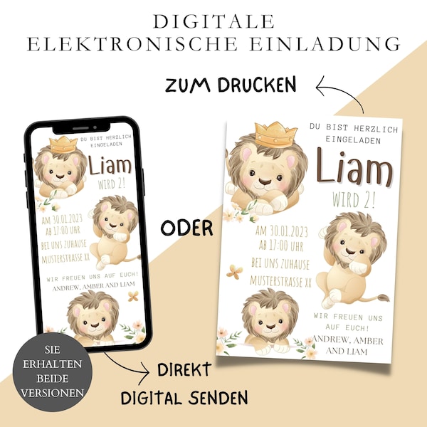 Ecard digitale Einladung Löwe Kindergeburtstag, Einladungskarte kindergeburstag Tiere Löwe WhatsApp ecard 1. 2. 3. Geburtstag