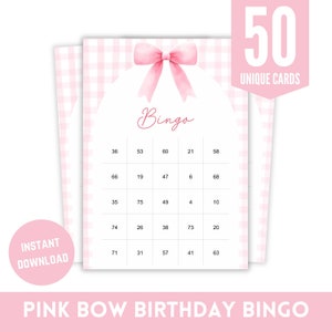 Ensemble de jeux de bingo pour premier anniversaire avec noeud rose, premier jeu de fête d'anniversaire à thème girly avec noeud rose rétro imprimable, téléchargement immédiat