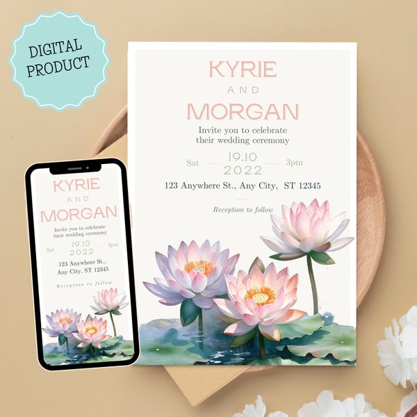 Lotus flower wedding invitation, Minimalist lotus floral wedding invite, Pink and green indian simple wedding WhatsApp smartphone invite