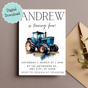 Boys blue tractor birthday party invitation, Farm animals barnyard theme birthday party invite, Boys invitation