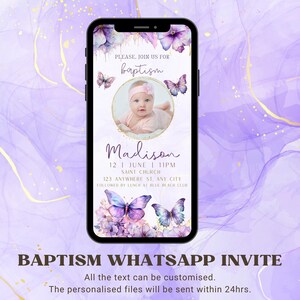 Personalised Purple Baptism WhatsApp invitation, girls holy communion invite, Girl Purple baptism christening electronic invitation evite