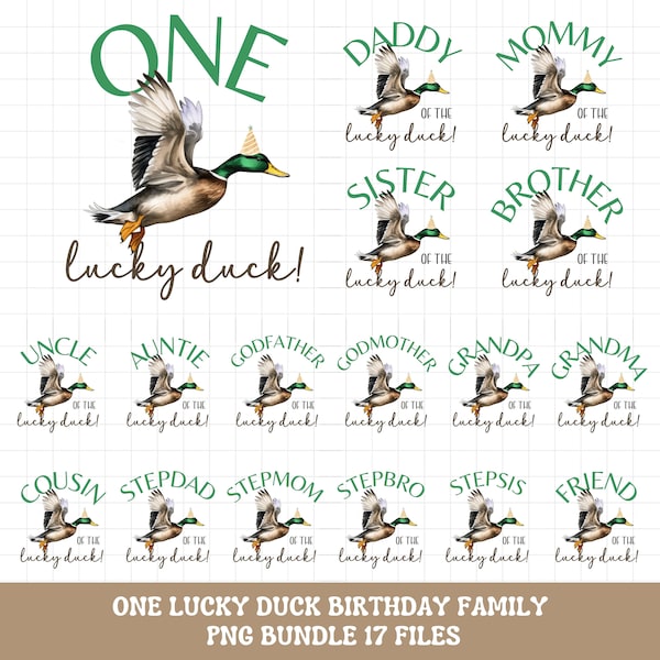 Eine glückliche Ente Geburtstag Shirt PNG Bundle, Entenjagd Thema erste Geburtstag Familie passende Shirt PNG Bügelbild, Instant Download