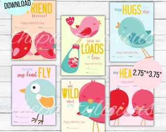 Printable birds valentines day cards, Classroom Kids Valentines day cards, Cute woodland birds valentines day cards, INSTANT DOWNLOAD