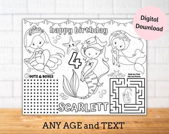 Mermaid birthday party placemats, mermaid party games, mermaid coloring and activity sheet, mermaid birthday party table decor