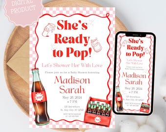 Printable She's Ready to Pop Baby shower Invitation | Gender Neutral Pop Soda shower invitation | Diner Soda baby shower invite