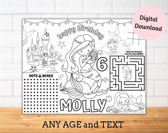 Little mermaid party placemats, mermaid birthday party games, mermaid baby shower games, mermaid party games,mermaid activity coloringsheet