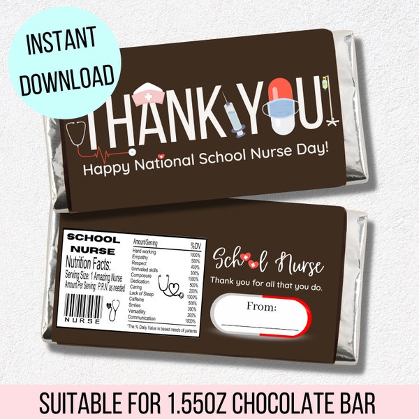 Printable School Nurse chocolate bar wrapper, School nurse appreciation day gift ideas, Thank you school nurse gift tags Hersheys chocolate