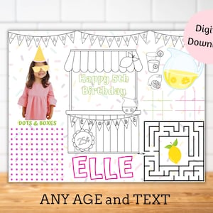 Personalised Lemonade Birthday party activity sheet with photo, birthday party placemats, kids birthday party games table decor