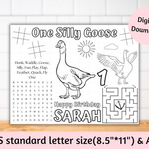 One silly goose activity sheet, Silly goose first birthday placemats,  Goose birthday coloring page, One silly goose party kids table decor