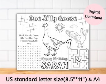 One silly goose activity sheet, Silly goose first birthday placemats,  Goose birthday coloring page, One silly goose party kids table decor