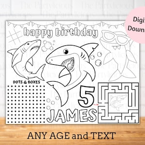 Shark party placemats, shark birthday coloring sheet, shark party activity sheet, shark theme birthday party games , shark party table decor