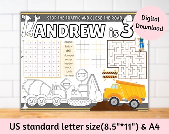 Personalised Construction trucks birthday party activity sheet coloring pages placemats table decoration birthday party favors goodie bags