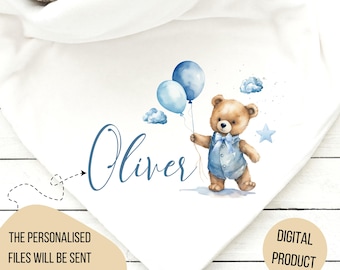 Teddy bear baby blanket, Blue Teddy bear balloons sublimation PNG file, boys teddy blanket sublimation, teddy bear kids Baby blanket png