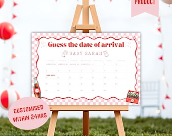 May include: A pink and white checkered baby shower game board on a wooden easel. The board reads "Guess the date of arrival" and "Baby Sarah." A pink circle below the board says "Customised within 24hrs."