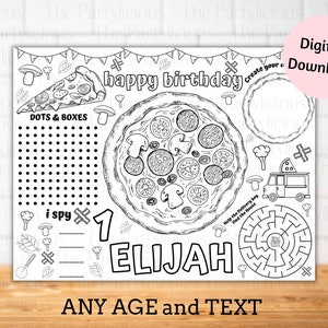 Pizza party placemats, pizza birthday party games, pizza activity sheet, pizza coloring sheet, pizza food table decor, pizzeria table mat