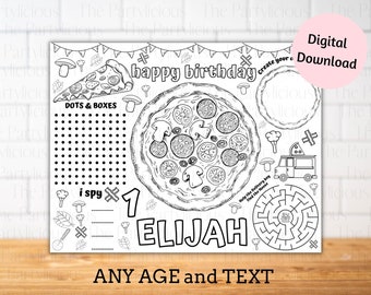Pizza party placemats, pizza birthday party games, pizza activity sheet, pizza coloring sheet, pizza food table decor, pizzeria table mat