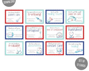 May include: Twelve printable cards with blue and red borders and cute medical illustrations. Each card has a different message of appreciation for a nurse practitioner. The text on the cards includes phrases like "You bring clarity to patient care", "Our appreciation for you is IV-erflowing!" and "You've got the healing touch!" The cards are labeled "Set of 12 Cards" and "Nurse Practitioner Week Tags".