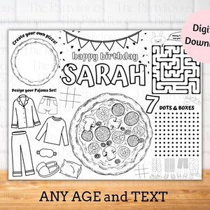 Pizza pyjamas party placemats, pizza party color sheet, pyjamas activity sheet, pizza and pyjamas party games, pizza pyjamas party favors