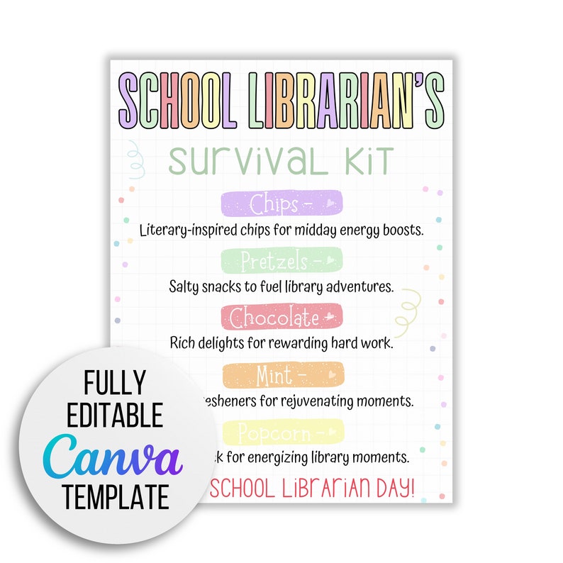 School Librarian Week Survival Kit Tags, Canva Editable Template School ...