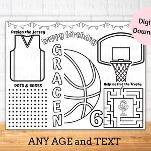 Pagine da colorare di basket, foglio di attività di basket, tovagliette di compleanno di basket, decorazioni per tavoli per feste di basket, feste di compleanno sportive