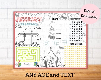 Camping birthday party placemats, camping birthday games, camping coloring and activity sheet, camping party games