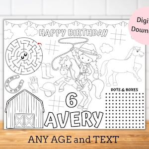 Horse birthday party placemats, horse activity and coloring sheet, horse cowgirl birthday party games,