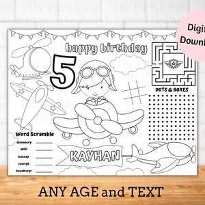 Airplane theme party placemats, boys airplane party games, aeroplane party coloring and activity sheet, airplane party table decor