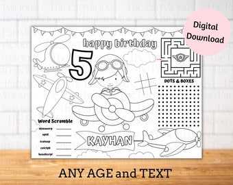 Airplane theme party placemats, boys airplane party games, aeroplane party coloring and activity sheet, airplane party table decor