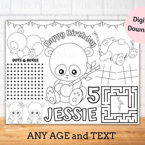 Panda birthday placemats, panda bear theme party games, panda party table decor, panda coloring and activity sheet
