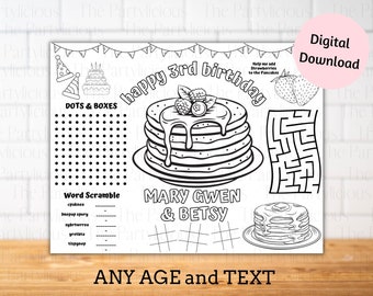 Pancakes party placemats, pancakes activity and coloring sheet, pancakes placemat for restaurants, cafe, wedding, pancakes birthday party