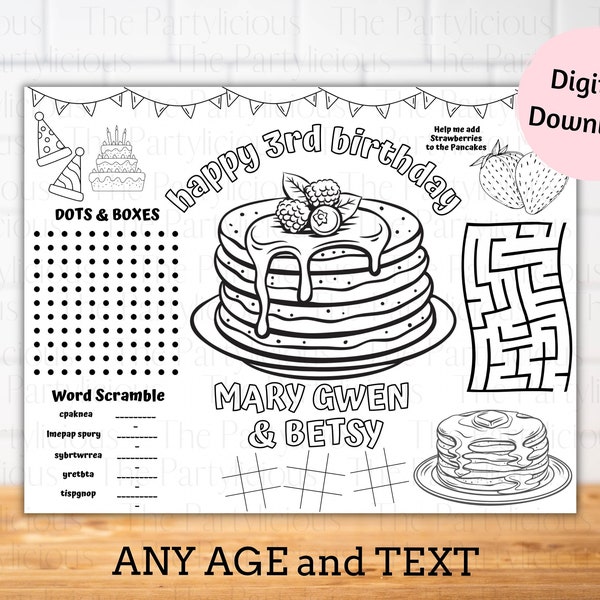 Pancakes party placemats, pancakes activity and coloring sheet, pancakes placemat for restaurants, cafe, wedding, pancakes birthday party